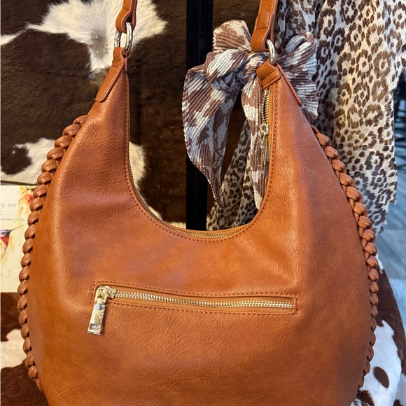 Moda Luxe Cognac Braided-Trim Shoulder Hobo - Picture 3 of 9